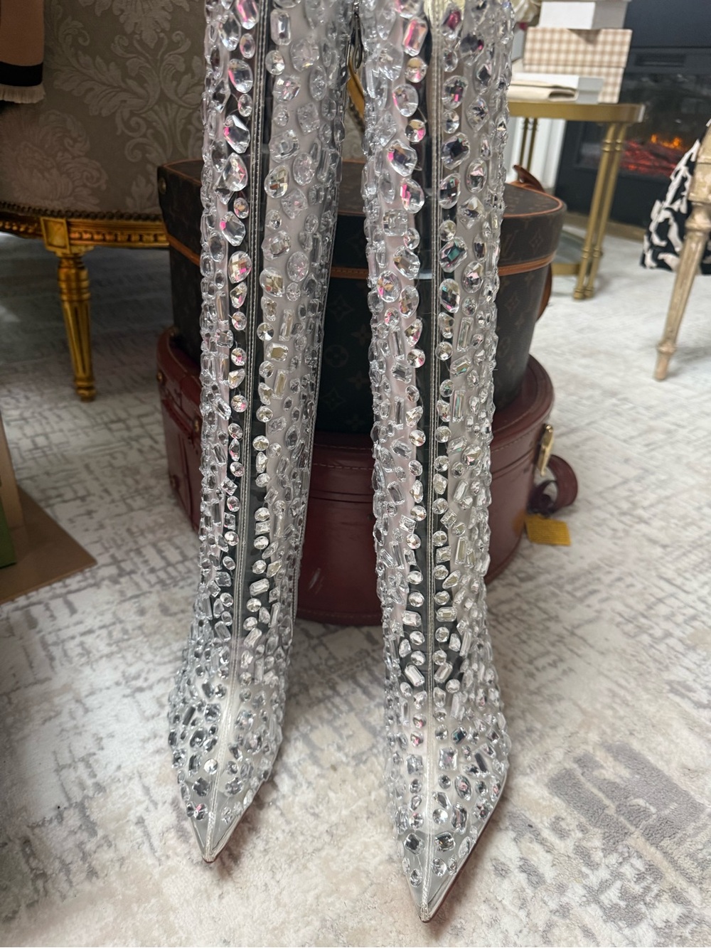 AKIRA Crystal-Embellished Clear Knee-High Stiletto Boots